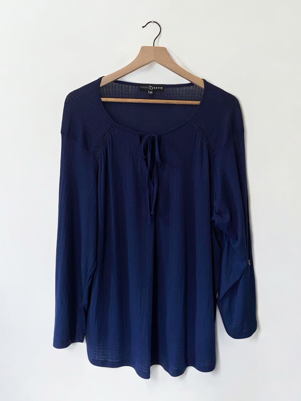 Fred David Navy Blue Tie Neck Blouse Long Sleeve Knit Top Womens XL